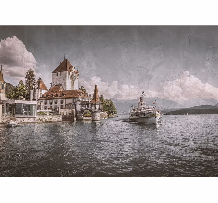 Tenda a rullo soggiorno casa classica al lago con barca - TenStickers
