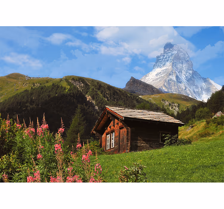 Tenda a rullo soggiorno campo verde con casetta e montagna - TenStickers