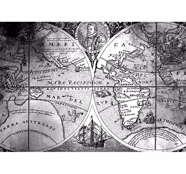 Tenda a rullo grigia mappa del mondo bianco e nero - TenStickers