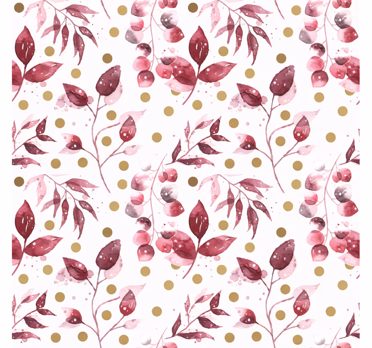 Tenda a rullo soggiorno foglie bordeaux con pois dorati - TenStickers