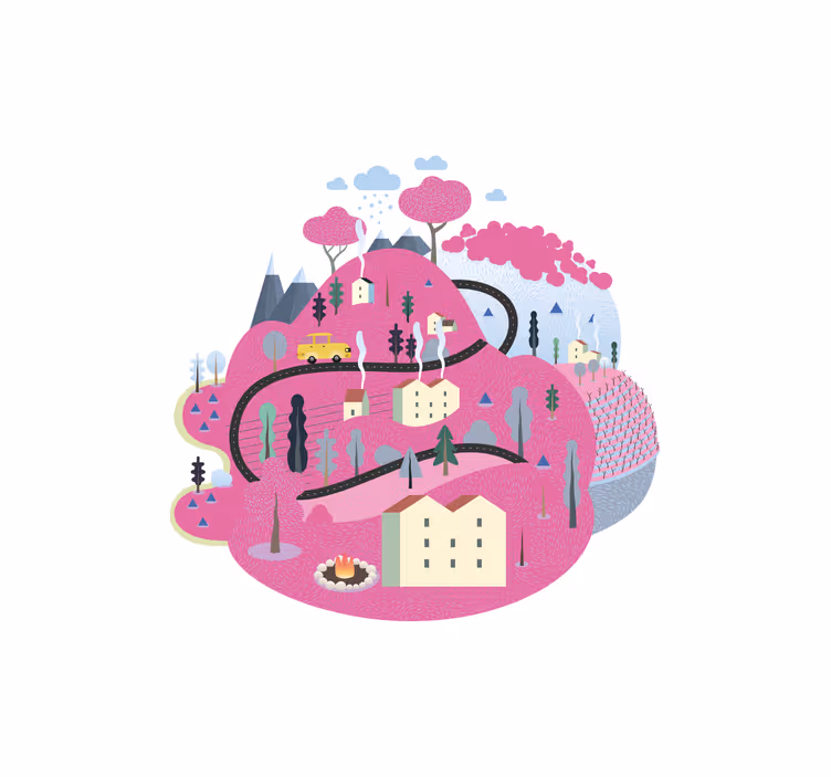 Tenda a rullo cameretta montagne rosa con case - TenStickers