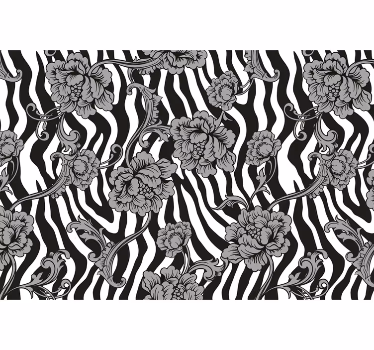 Tenda a rullo nera con stampa zebra e fiori ornamentali - TenStickers