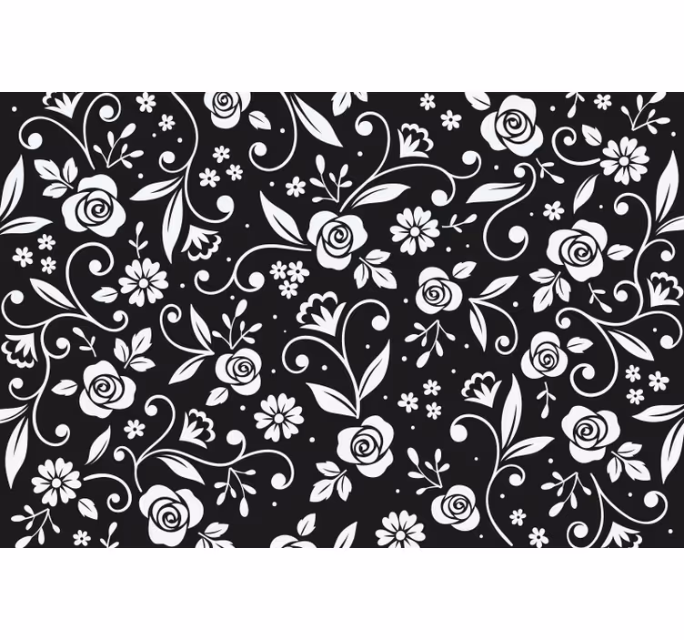 Tenda a rullo nera motivo floreale astratto bianco - TenStickers