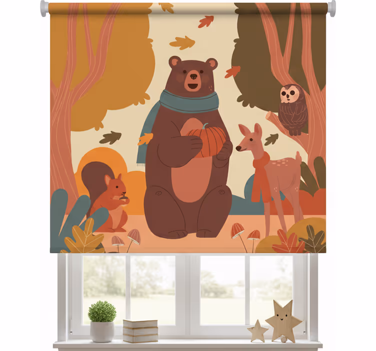 Tenda a rullo cameretta animali felici nel bosco autunnale - TenStickers