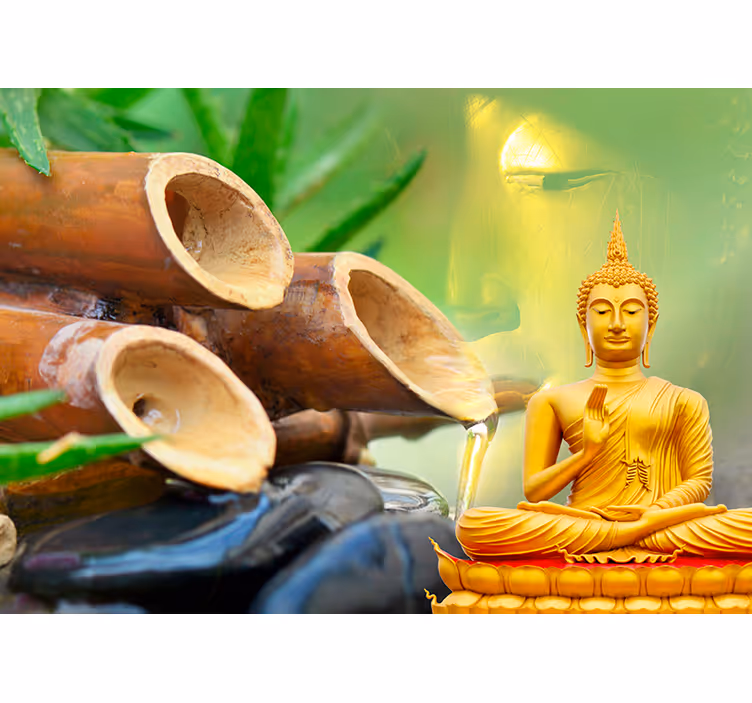 Tenda a rullo zen fotomurale buda dorato con canna d'acqua - TenStickers