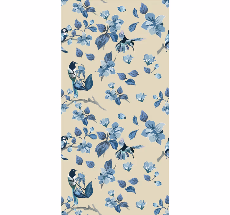 Tenda a rullo fiori e piante uccelli e foglie blu - TenStickers