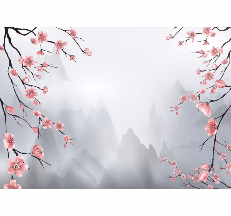Fotomurale grigio fiori di ciliegio e montagne - TenStickers