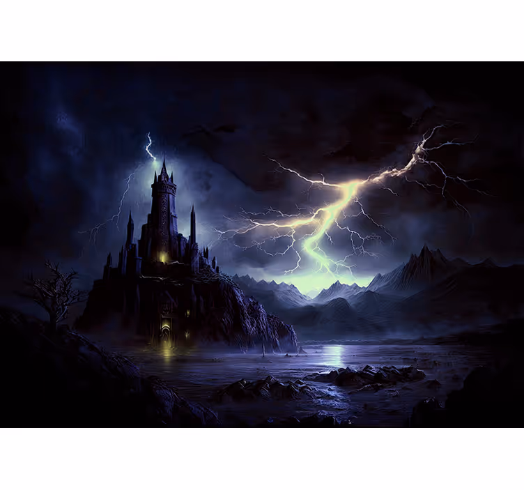 Fotomurale nero castello oscuro e tempesta - TenStickers