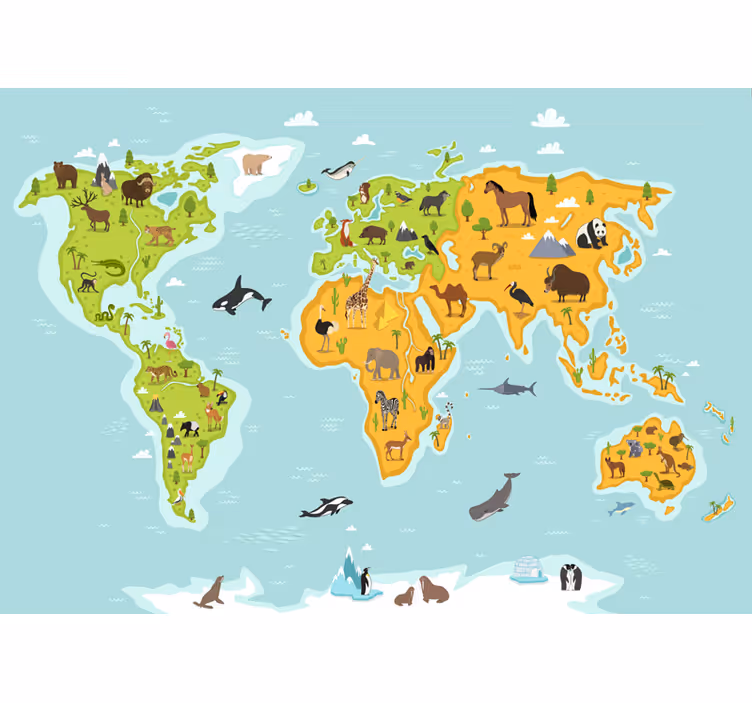 Fotomurale mappa del mondo con animali - TenStickers