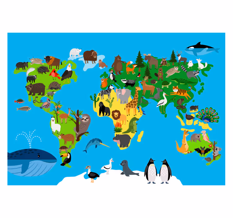 Fotomurale mappamondo animali in stile bambino - TenStickers