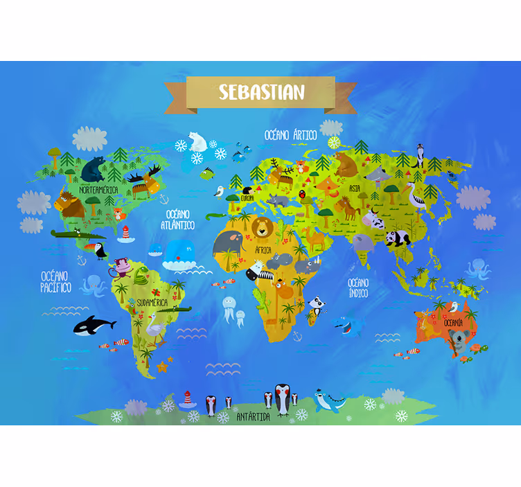 Fotomurale mappamondo con animali e nome - TenStickers
