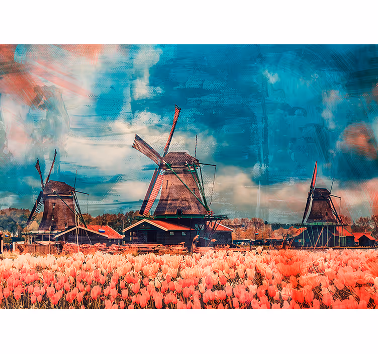 Fotomurale città campi di tulipani e mulini a vento - TenStickers