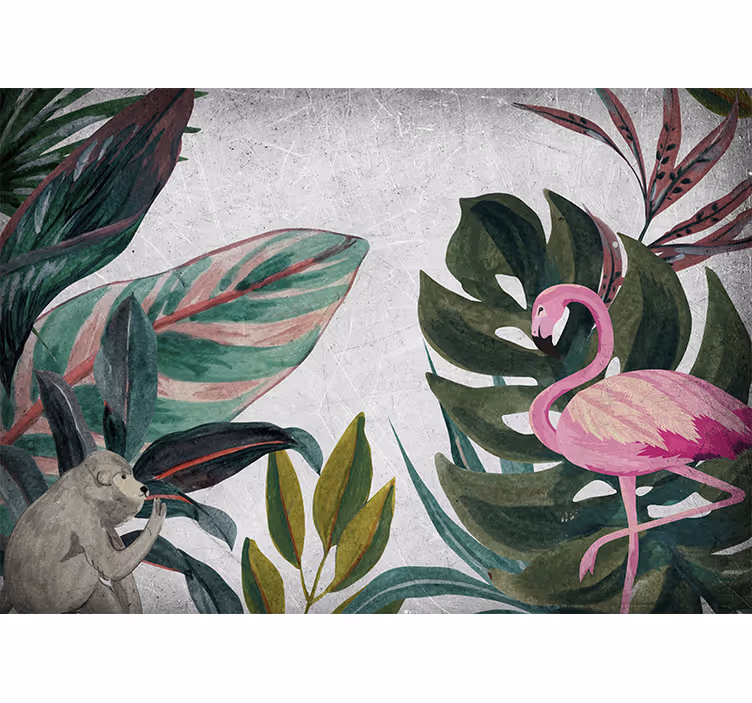 Carta da parati giungla flamingo e scimmia - TenStickers