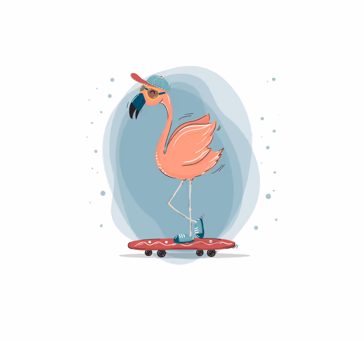 Fotomurale animali divertimento con fenicottero skateboard - TenStickers