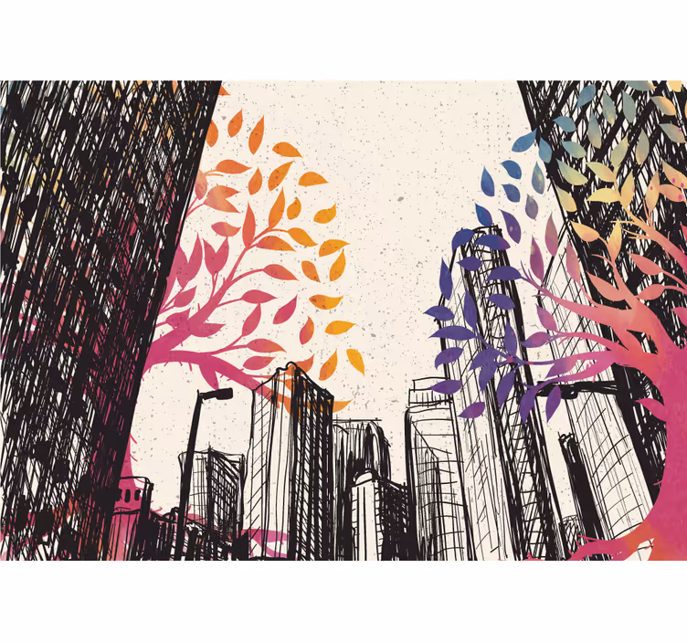 Fotomurale città skyline urbano con alberi colorati - TenStickers