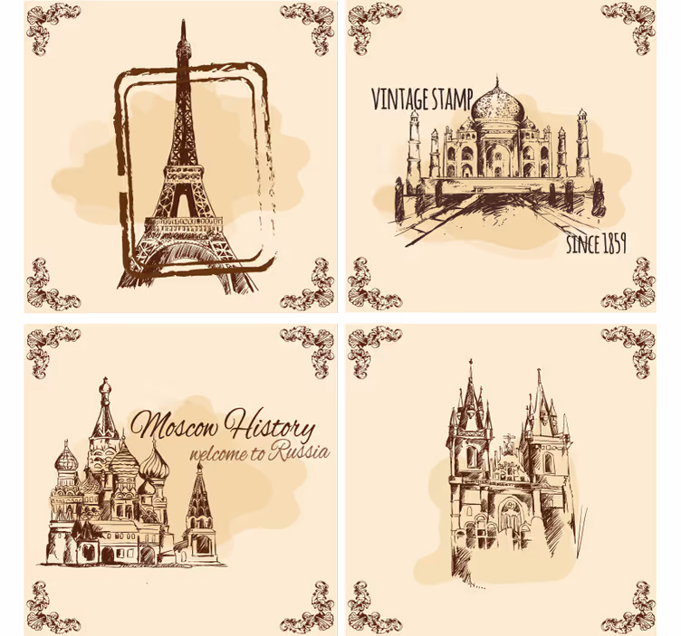 Sottobicchieri vintage illustrazioni di monumenti storici - TenStickers