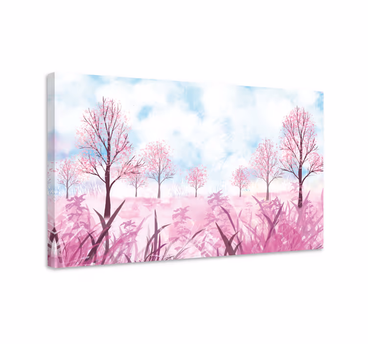 Dipinto con fiori e piante paesaggio di fiori rosa - TenStickers