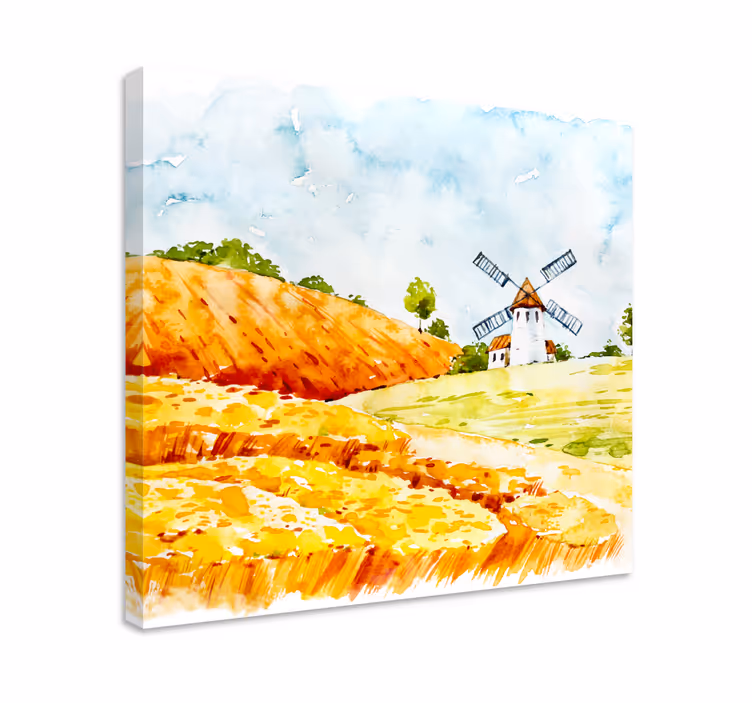 Dipinto di paesaggio mulino a vento nei campi - TenStickers