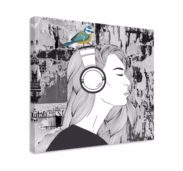 Quadro arte Donna con le cuffie e l'uccello - TenStickers