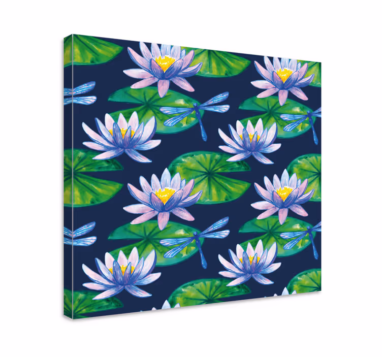 Dipinto con fiori e piante fiori di loto e libellule - TenStickers