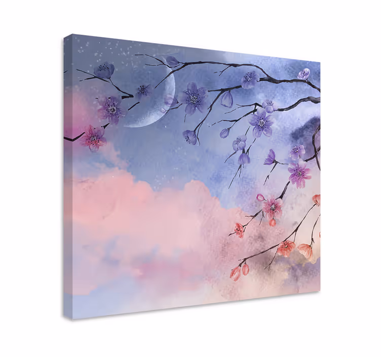 Dipinto con fiori e piante rami in fiore con luna - TenStickers