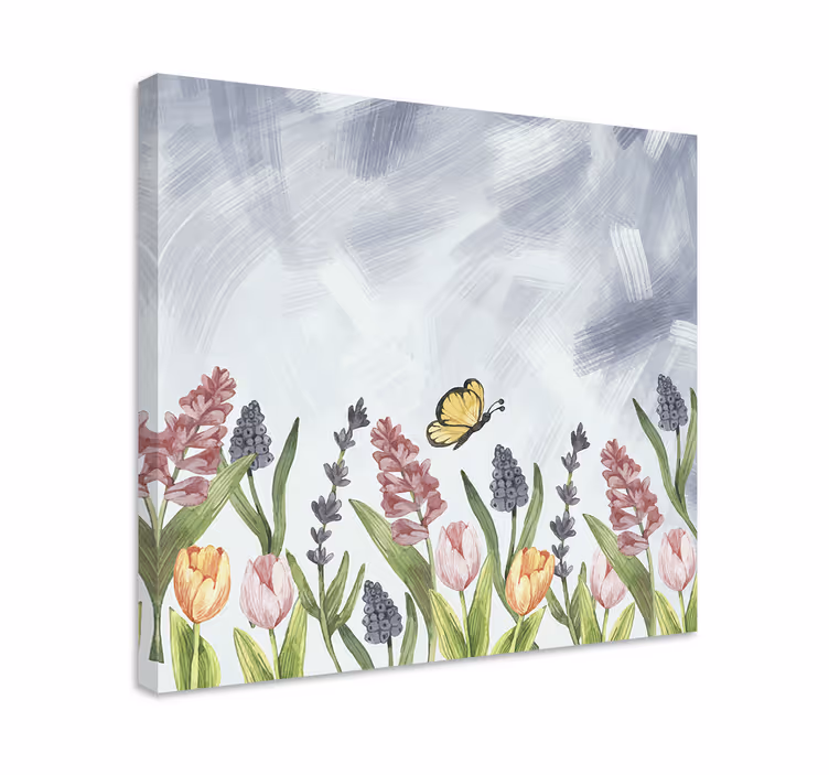 Dipinto con fiori e piante farfalla tra i fiori - TenStickers