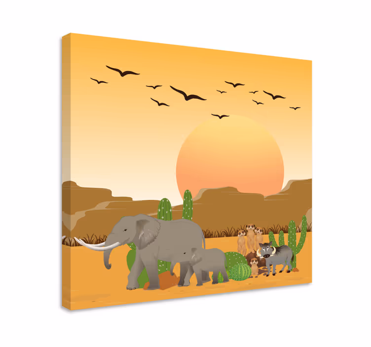 Dipinto con elefanti scena di safari nel deserto - TenStickers