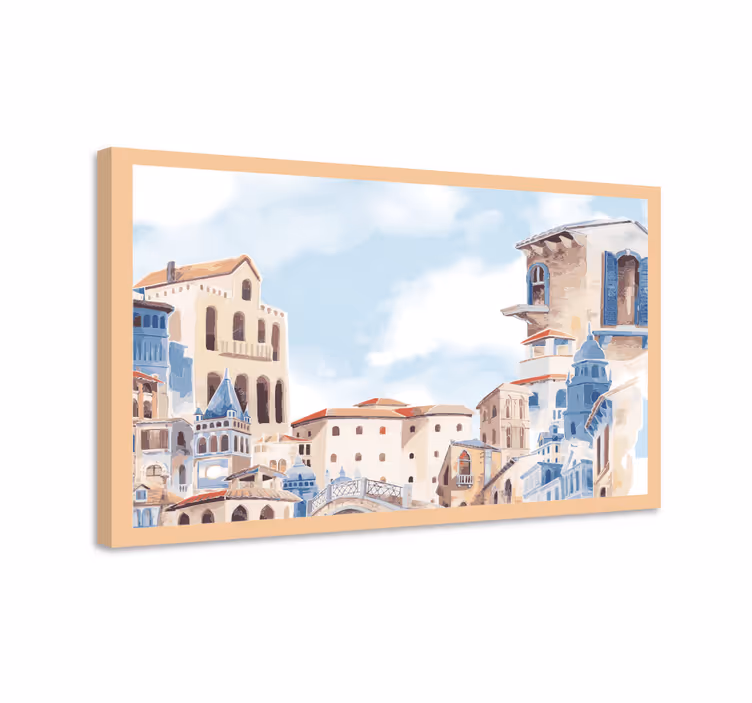Dipinto città e paesi villaggio costiero incantevole - TenStickers