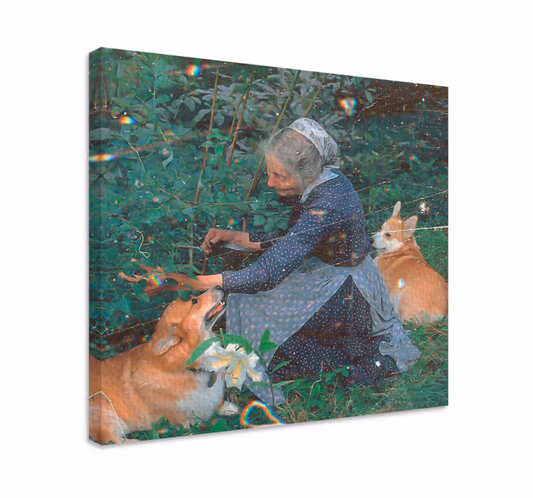 Dipinto cane donna con corgi - TenStickers