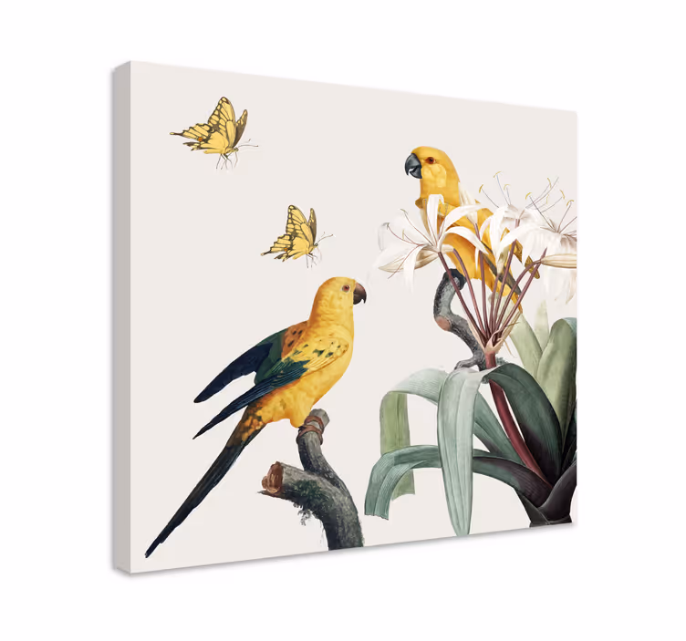 Dipinto con fiori e piante pappagalli gialli e farfalle - TenStickers