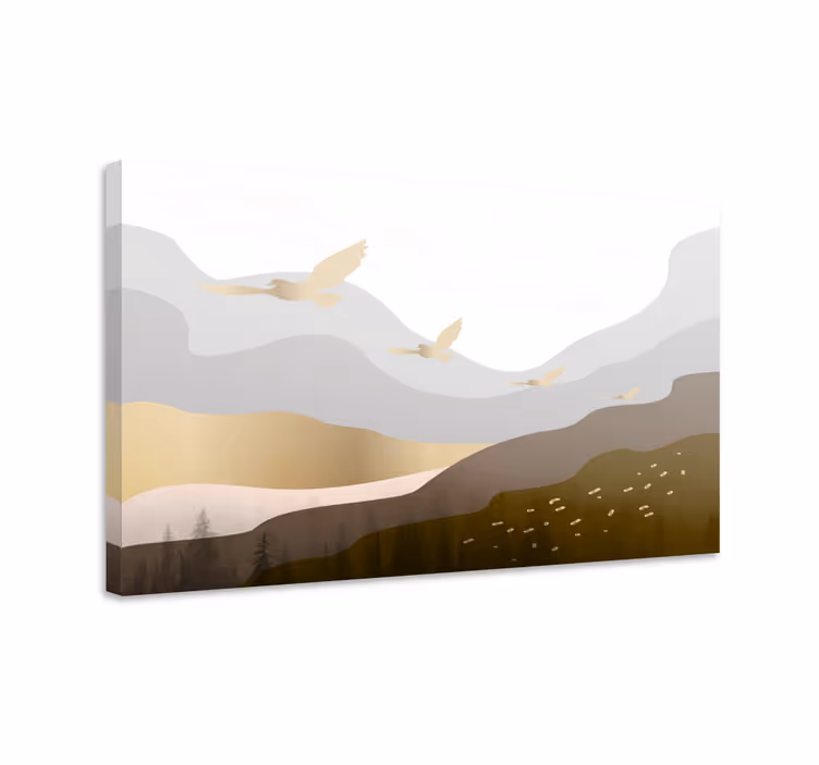 Dipinto di paesaggio montagna geometrica e uccelli - TenStickers
