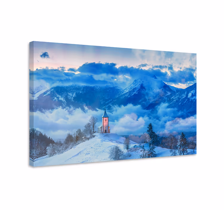 Dipinto di paesaggio chiesa di montagna innevata - TenStickers