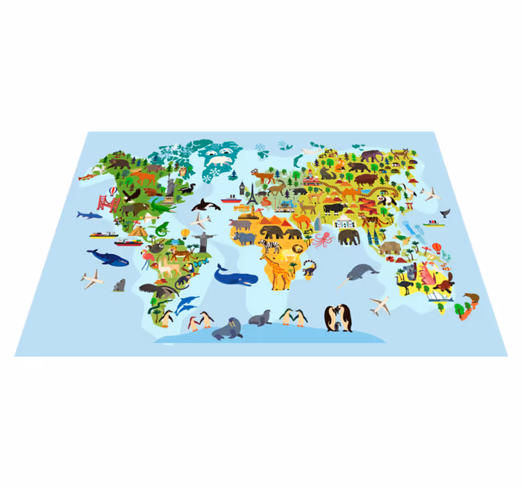 Tappeto vinile mappamondo con monumenti e animali - TenStickers