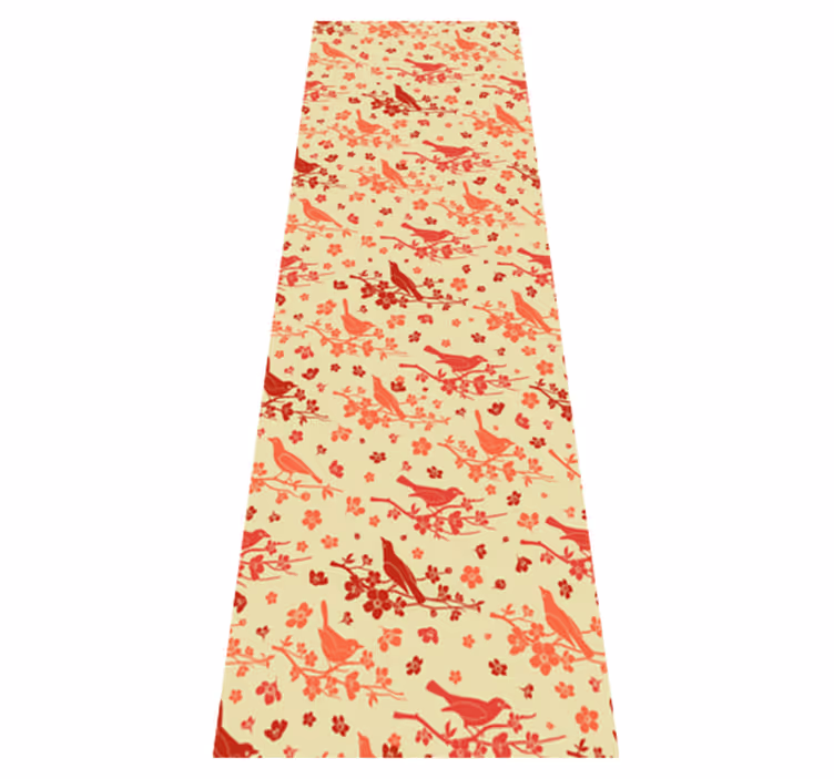 Tappeto vinile arancione alberi orientali con uccelli - TenStickers