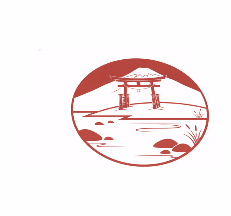 Tappeto vinile rosso struttura giapponese con lago e monti - TenStickers