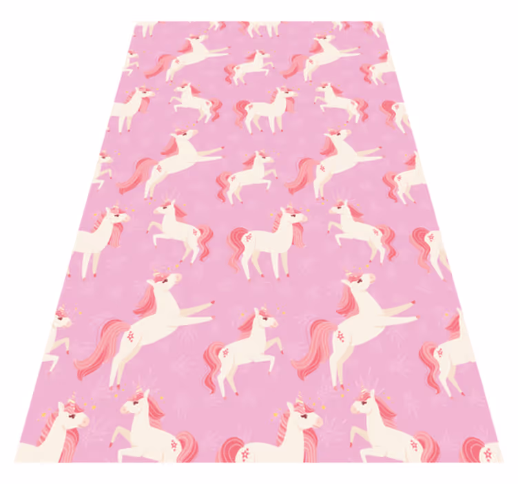 Tappeto vinile rosa unicorni pastello con piante e fiori - TenStickers