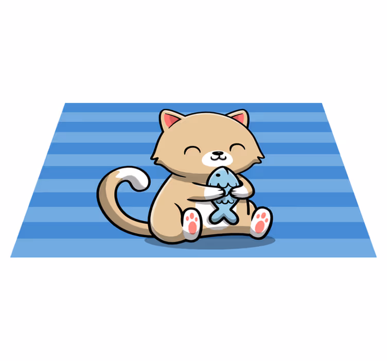 Tappeto vinile animali simpatico gatto con pesce - TenStickers