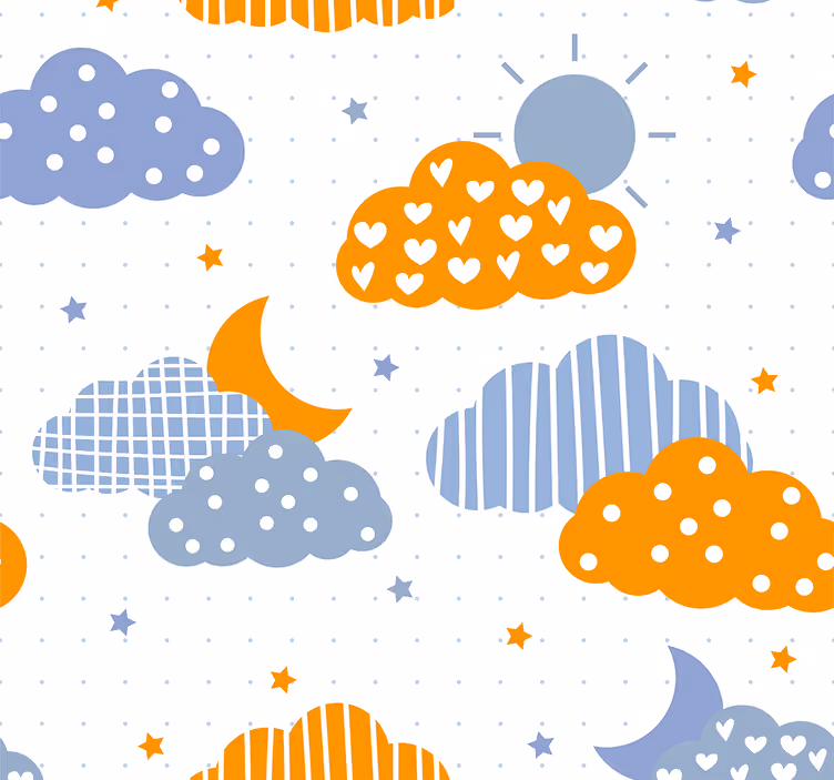 Carta da parati cameretta nuvole blu e arancioni e sole - TenStickers