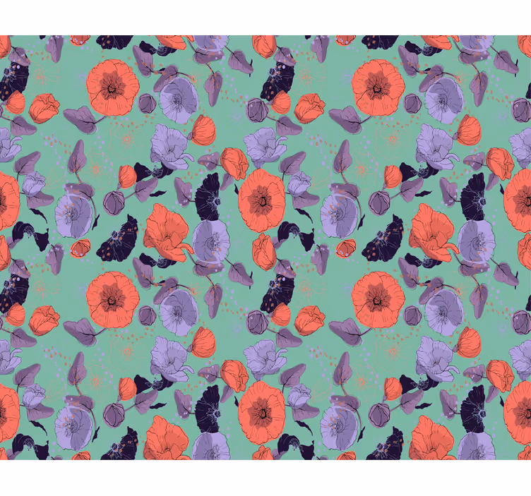 Carta da parati floreale papaveri blu e rossi - TenStickers