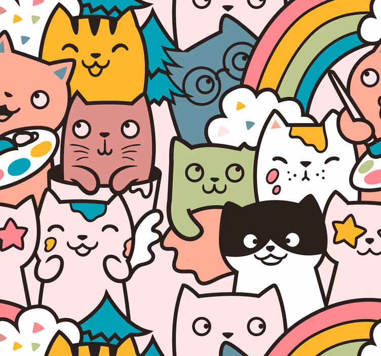 Carta da parati camera disegno gatti colori pastello - TenStickers