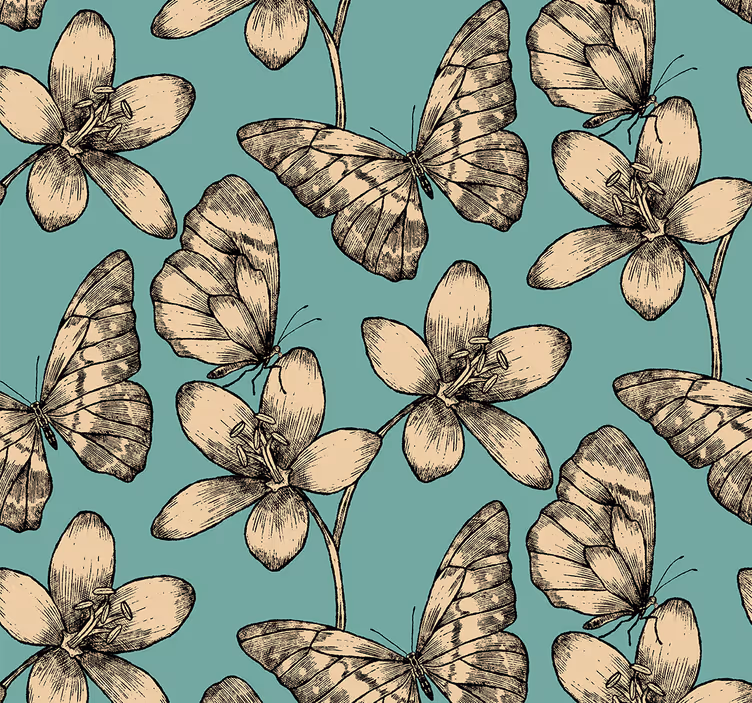 Carta da parati farfalle fiori beige su sfondo blu - TenStickers