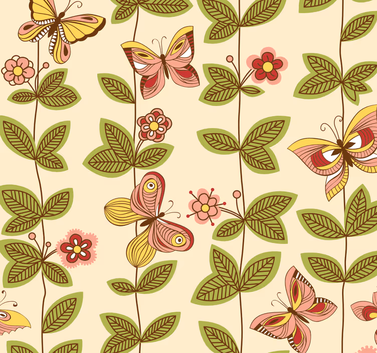 Foglie su carta da parati farfalla - TenStickers