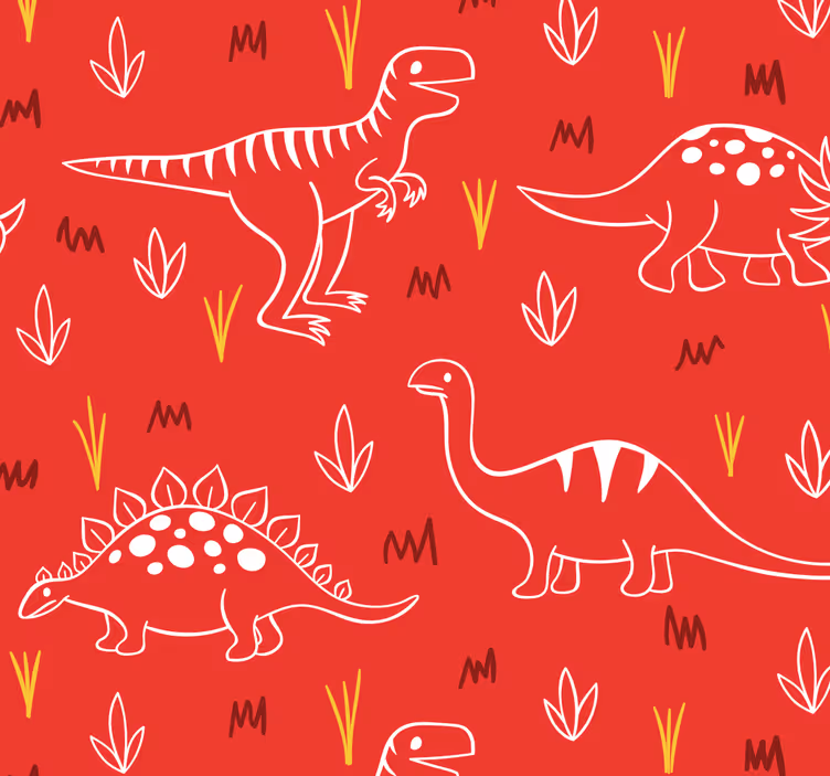 Carta da parati animali Dinosauri disegnati su rosso - TenStickers