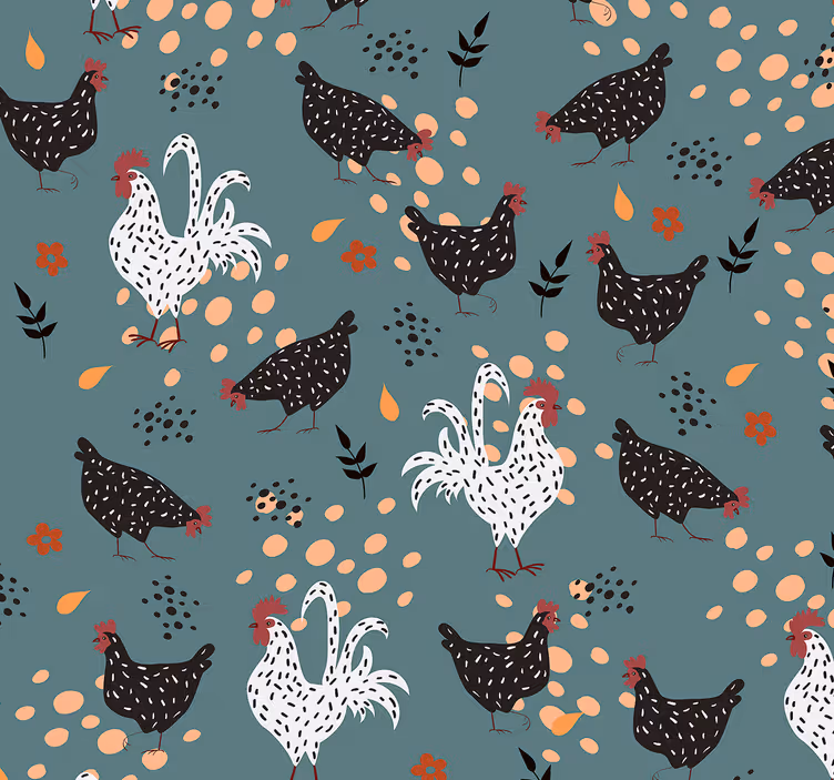 Carta da parati per cucina Polli in bianco e nero con fiori - TenStickers