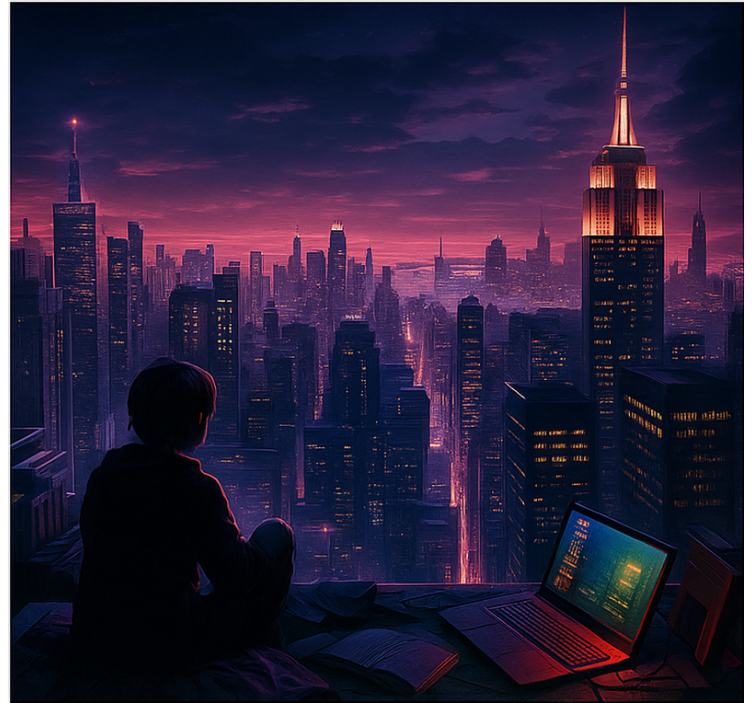 Tenda a rullo gamer vista futuristica del grattacielo da giocator - TenStickers