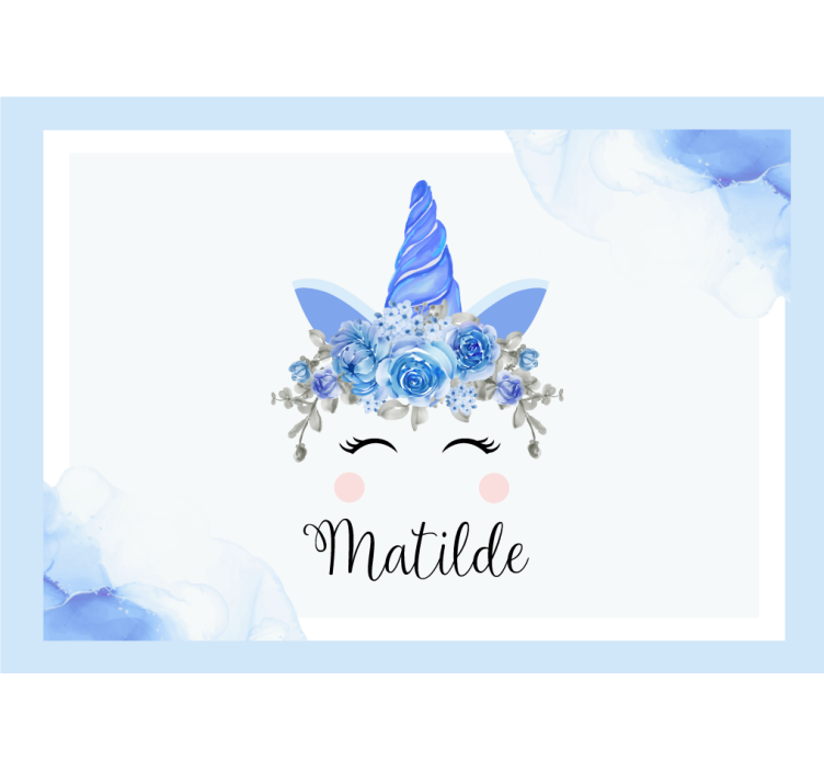 Tenda a rullo bianca occhi e corna di unicorno con nome - TenStickers