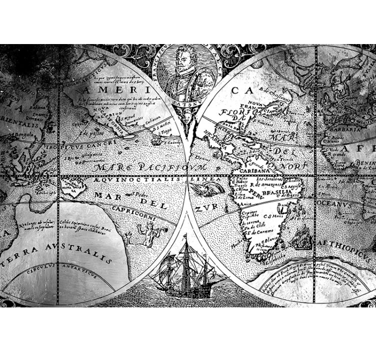 Tenda a rullo grigia mappa del mondo bianco e nero - TenStickers