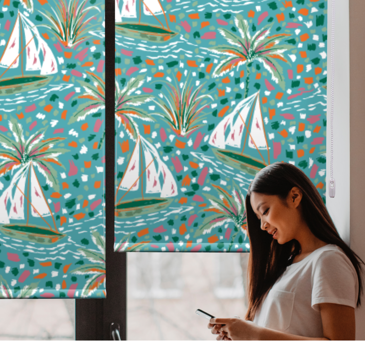 Tenda a rullo fiori barche a vela e palme - TenStickers