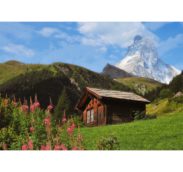 Tenda a rullo soggiorno campo verde con casetta e montagna - TenStickers