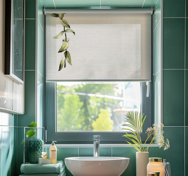 Tenda a rullo bagno imitazione di lino bianco e ramo di foglie - TenStickers